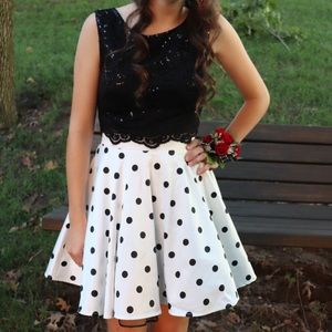 Two piece cocktail mini dress- black sequin top & polka dot skirt